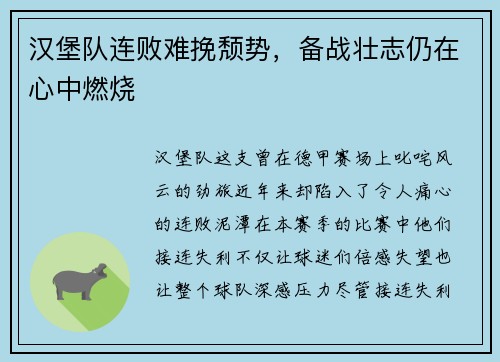 汉堡队连败难挽颓势，备战壮志仍在心中燃烧